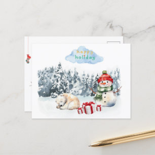 Kids cute christmas holiday postcard with snowman