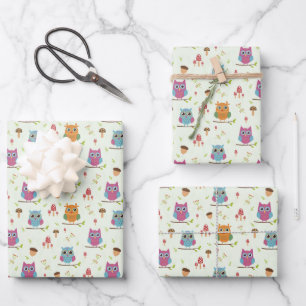 Kids Cute Colorful Owls Acorns Mushrooms Wrapping Paper Sheet