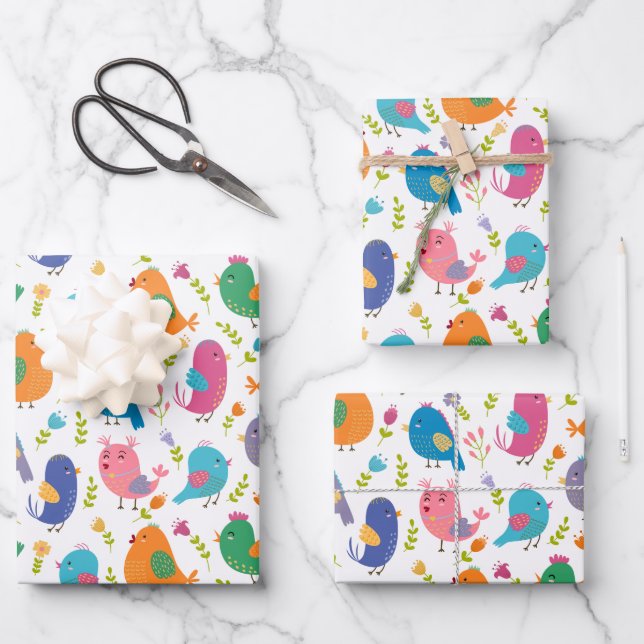 Kids Cute Colourful Birds Tweeting Wrapping Paper Sheet (Front)