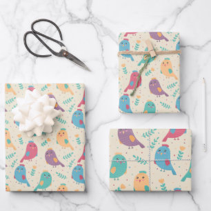 Kids Cute Colourful Birds w/ Tulips Wrapping Paper Sheet