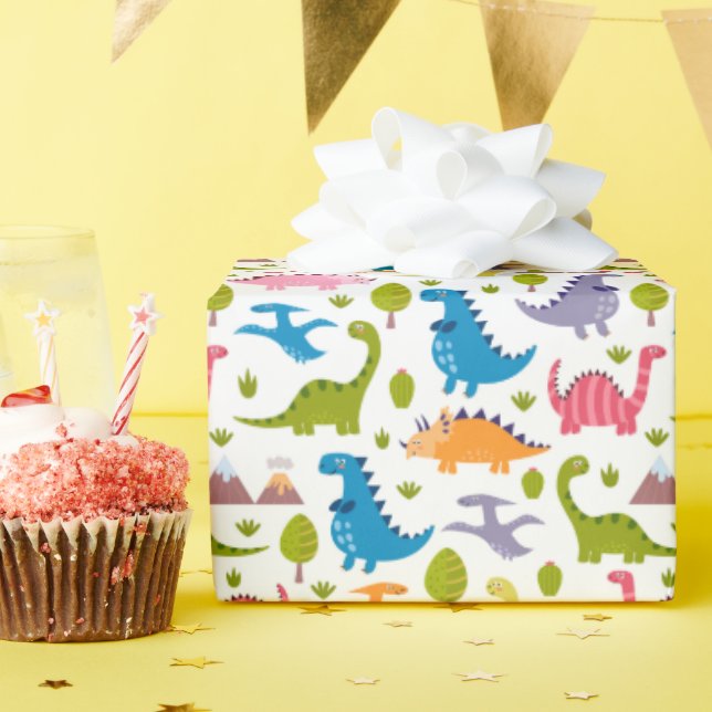 Kids Cute Colourful Dinosaurs Wrapping Paper (Birthday Party)