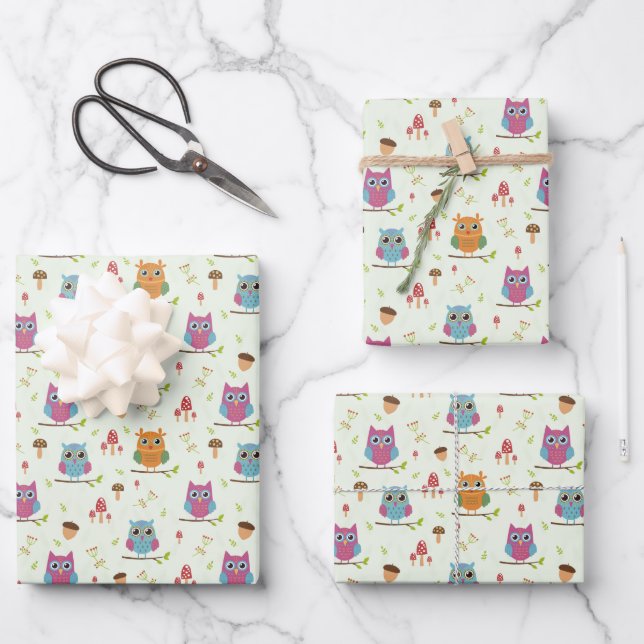 Kids Cute Colourful Owls Acorns Mushrooms Wrapping Paper Sheet (Front)