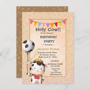 Kids Cute Cow Girls Glitter Birthday Party Invitation