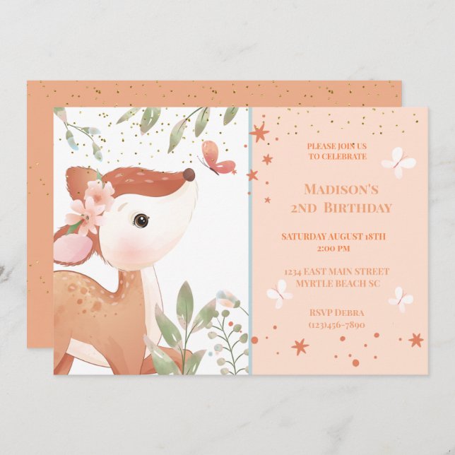 Kids Cute Deer 2nd Birthday Party Invitation (Front/Back)