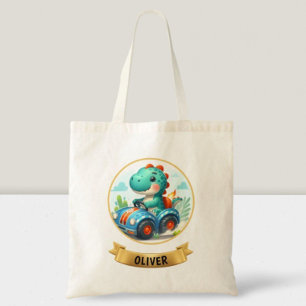 Kids Cute Dino Driving a Race Car Tote Bag