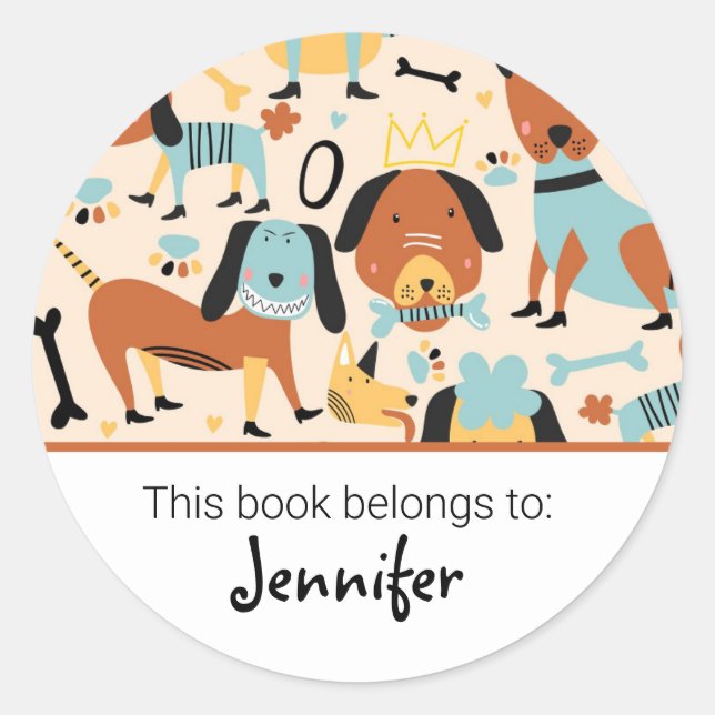 Kids cute dog pattern bookplate classic round sticker (Front)