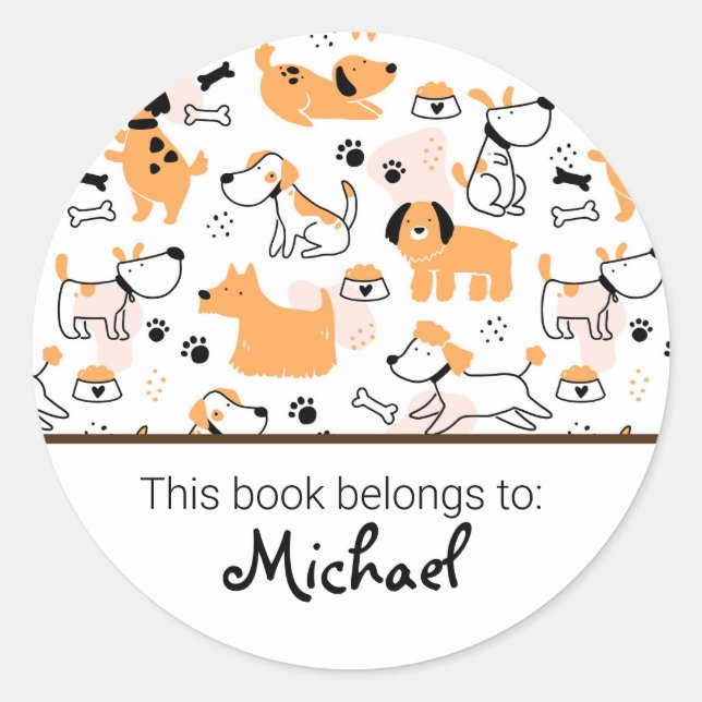 Kids cute dog pattern bookplate classic round sticker (Front)