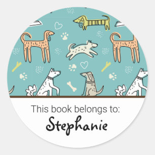 Kids cute dog pattern bookplate classic round sticker
