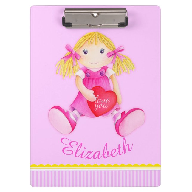 Kids cute doll watercolor art pink named clipboard (Front)