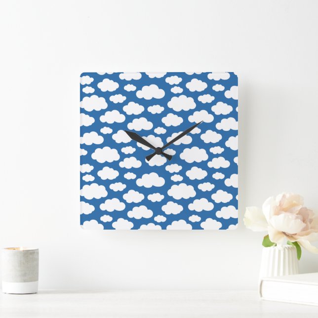 Kids Cute Fluffy Clouds in Sky Blue White Square Wall Clock (Home)