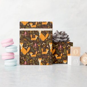 Kids Cute Forest Fox Family Mushroom Flowers Wrapping Paper