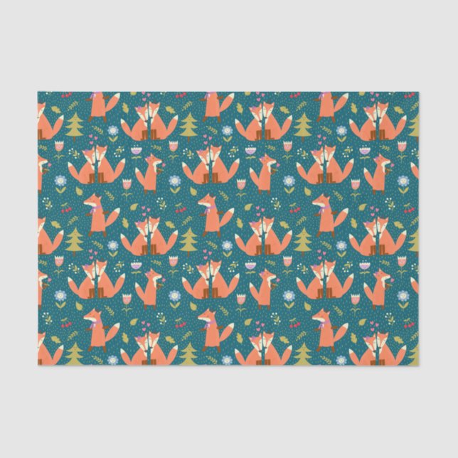 Kids Cute Forest Foxes in Love Tissue Paper (Front)