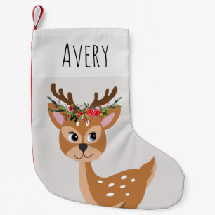 Kids Cute Gray Reindeer with Flower Wreath & Name Small Christmas Stocking