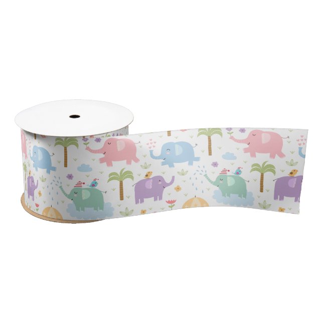 Kids Cute Happy Elephants Pastel Pink Blue Green Satin Ribbon (Spool)