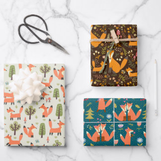 Kids Cute Happy Foxes Playing in Forest Mixed Wrapping Paper Sheet