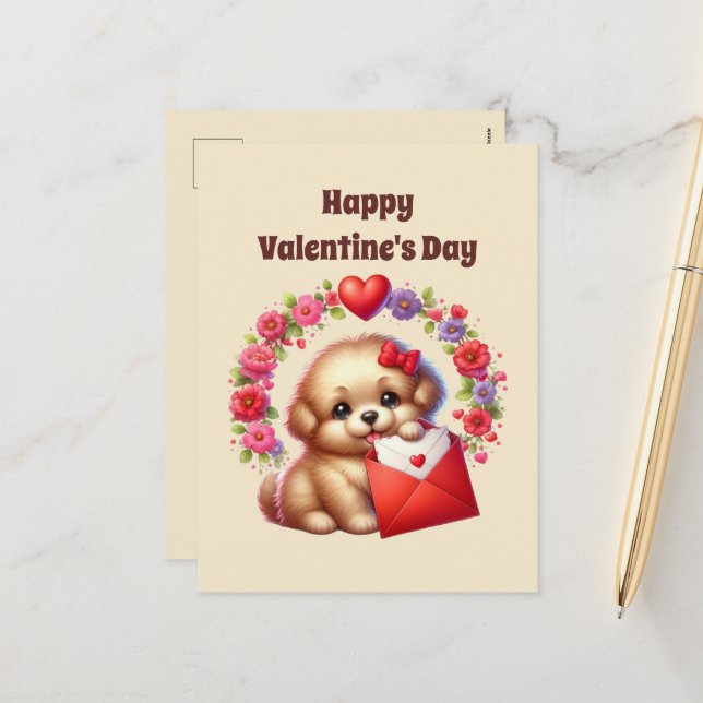 Kids cute Happy Valentine's Day puppy Holiday Postcard (Front/Back In Situ)