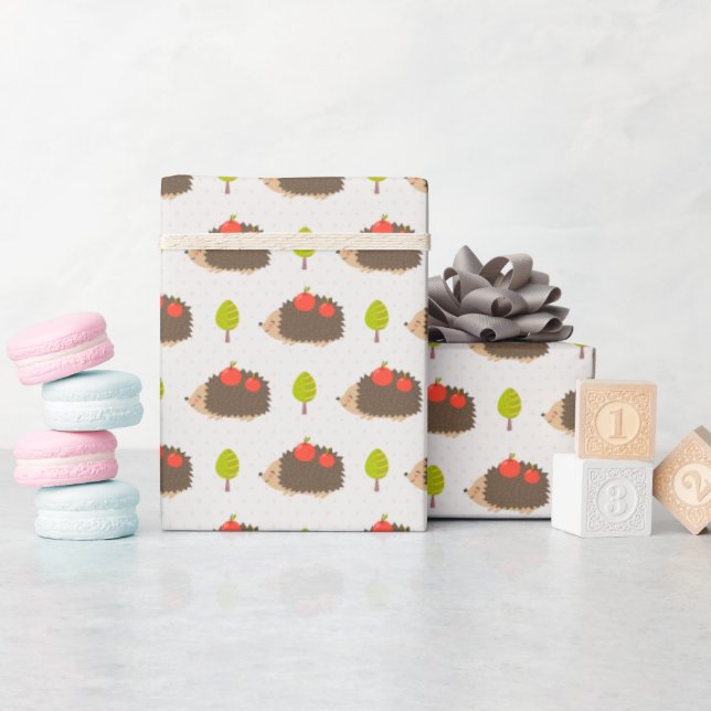 Kids Cute Hedgehog Carrying Apples Smiling Wrapping Paper (Baby Shower)