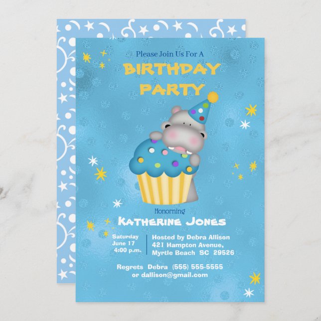 Kids Cute Hippo with a Blue Cupcake Birthday  Invi Invitation (Front/Back)