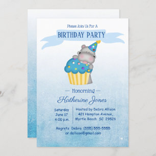 Kids Cute Hippo with a Blue Cupcake Birthday  Invitation