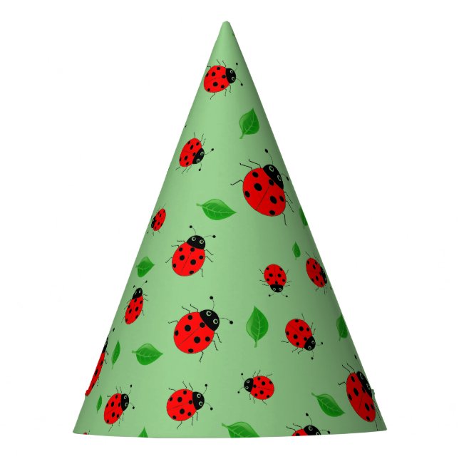 Kids Cute lady bug & green leave pattern gradient Party Hat (Front)
