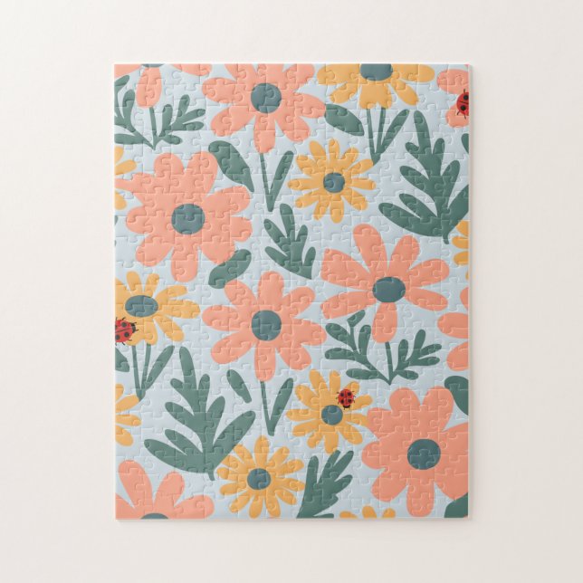 kids Cute Ladybug Polka dot Daisy Flower Pattern Jigsaw Puzzle (Vertical)