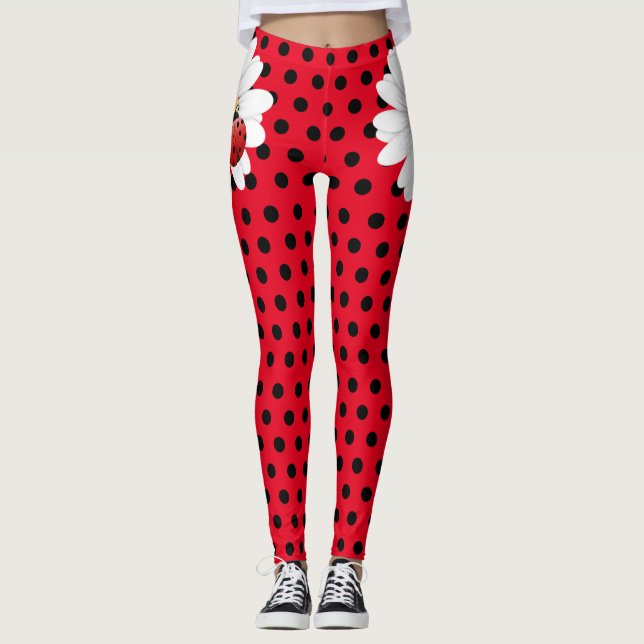 kids Cute Ladybug Polka dot Daisy Flower Pattern Leggings (Front)