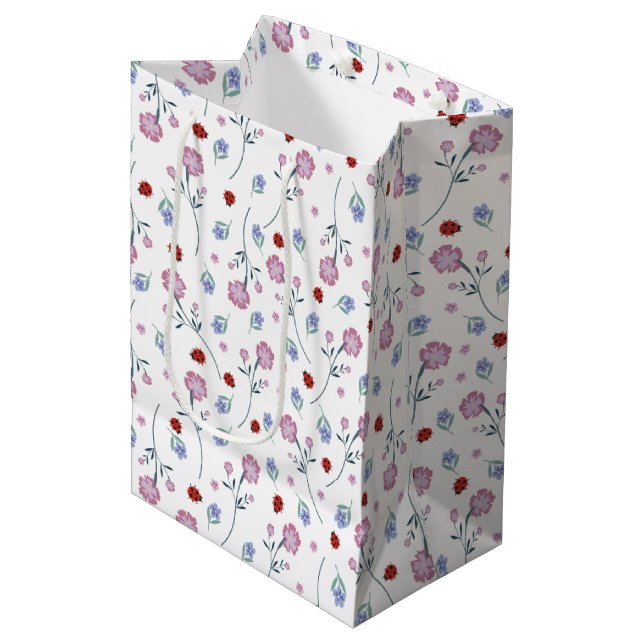 kids Cute Ladybug Polka dot Daisy Flower Pattern Medium Gift Bag (Front Angled)
