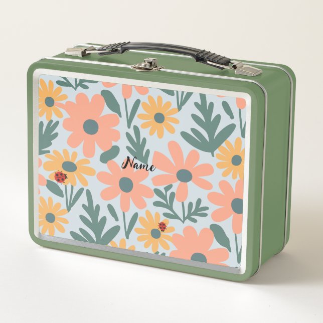 kids Cute Ladybug Polka dot Daisy Flower Pattern Metal Lunch Box (Front)