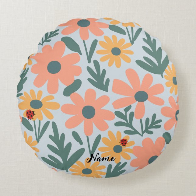 kids Cute Ladybug Polka dot Daisy Flower Pattern Round Cushion (Front)