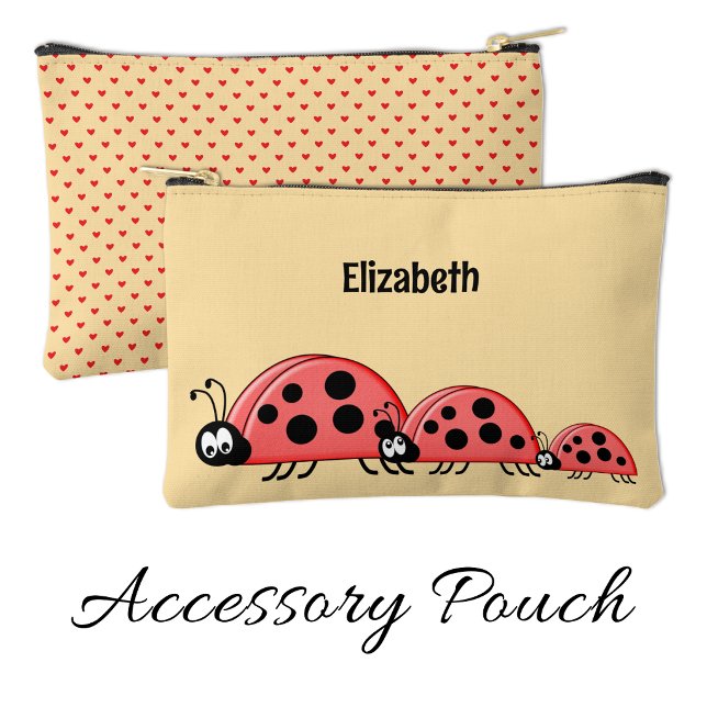 Kids cute ladybugs add a name red peach accessory pouch (Creator Uploaded)