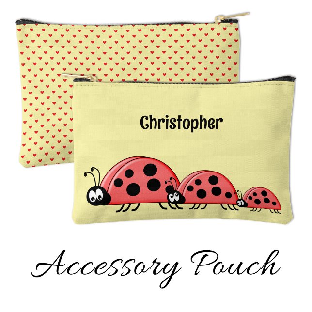 Kids cute ladybugs add a name red yellow accessory pouch (Creator Uploaded)