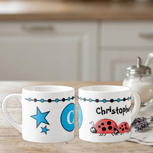 Kids cute ladybugs name initial blue espresso cup