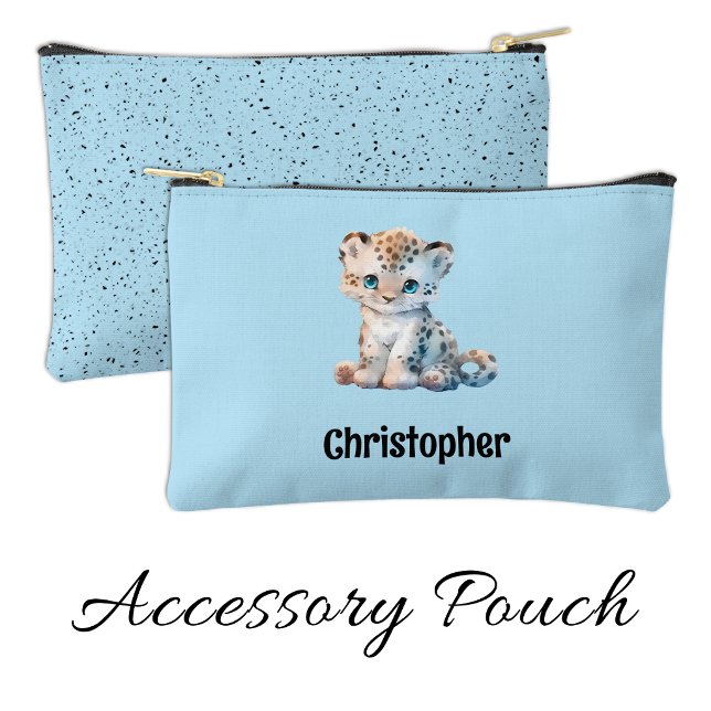 Kids cute leopard add a name blue black accessory pouch (Creator Uploaded)