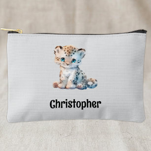 Kids cute leopard add a name grey black accessory pouch