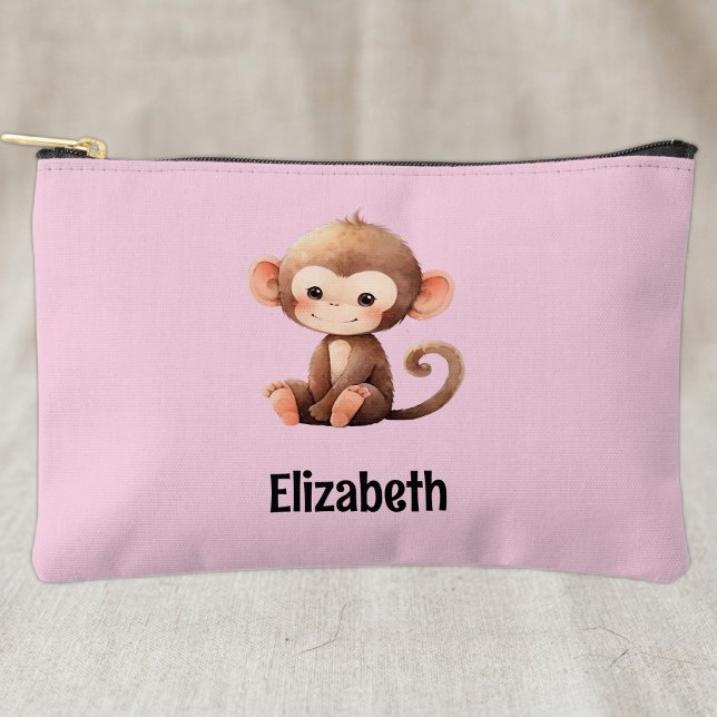 Kids cute monkey add a name pink black accessory pouch (Creator Uploaded)