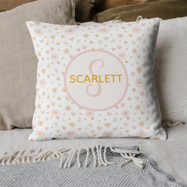 Kids Cute Name Pink Orange Pattern of Suns Hearts  Cushion (Custom Name Pillow with Sun and Stars - Personalized Home Decor, Unique Gift, Cute Design.)