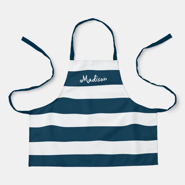 Kids Cute Navy Blue Stripes Personalised Craft Apron (Front)