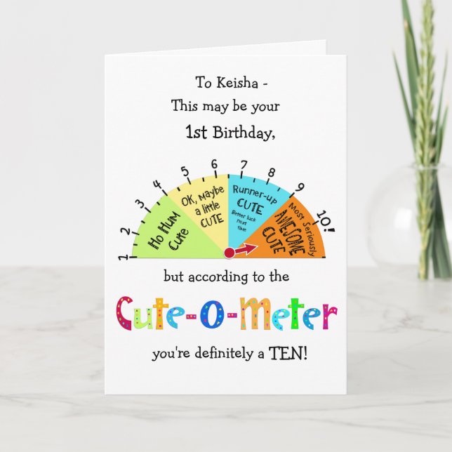 Kids Cute-O-Meter Funny 1st Birthday Greeting Card (Front)