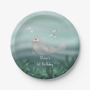 Kids Cute Ocean Seal 1st Birthday Paper Plate