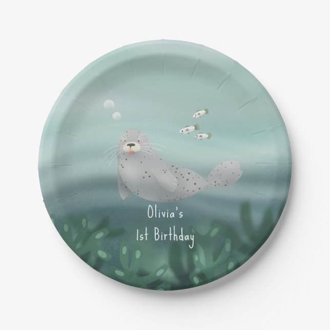 Kids Cute Ocean Seal 1st Birthday Paper Plate (Front)