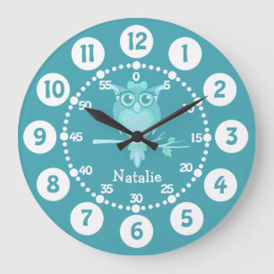 Kids cute owl aqua blue green wall clock