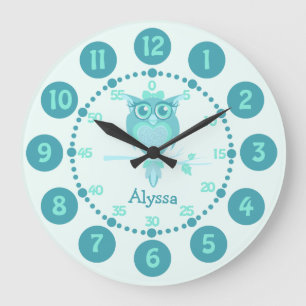 Kids cute owl aqua blue green wall clock