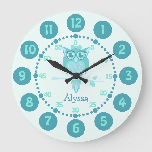 Kids cute owl aqua blue green wall clock (Front)
