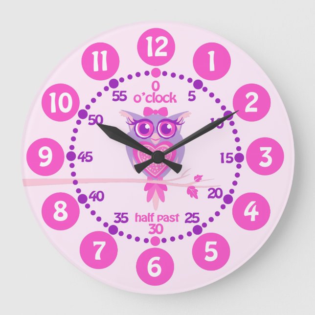 Kids cute owl pink purple wall clock (Front)