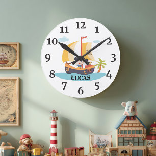 Kids Cute Personalised Pirate Ship Ahoy-Matey Round Clock