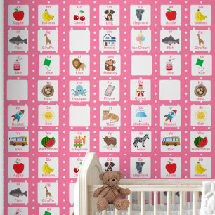 Kids Cute Pink Alphabet Learning Repeat Pattern Wallpaper