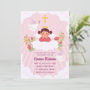 Kids Cute Pink Baby Girl Baptism Christening Invitation