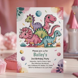Kids Cute Pink Dinosaur 3rd Birthday Party Invitation
