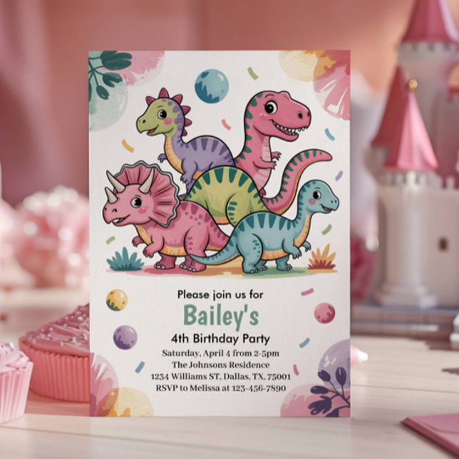 Kids Cute Pink Dinosaur 4th Birthday Party Invitation (Creator Uploaded)