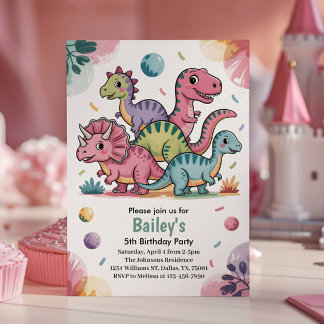 Kids Cute Pink Dinosaur 5th Birthday Party Invitation